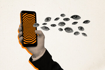 Artwork collage picture of arm hold smart phone hypnotic screen watching spying eyes isolated on...