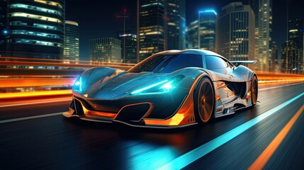 A supercar racing at high velocity on the city road, showcasing speed and excitement.