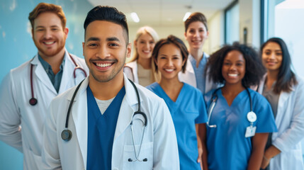 diverse group of smiling healthcare professionals, including doctors and nurses