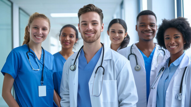 diverse group of smiling healthcare professionals, including doctors and nurses