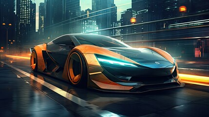 A cutting-edge futuristic car cruising through the neon-lit streets of a cyber city under the night sky.