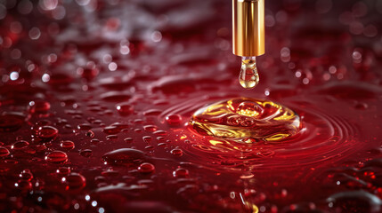 closeup of droplet falling from cosmetic pipette onto red 
 bordeaux liquid surface - obrazy, fototapety, plakaty