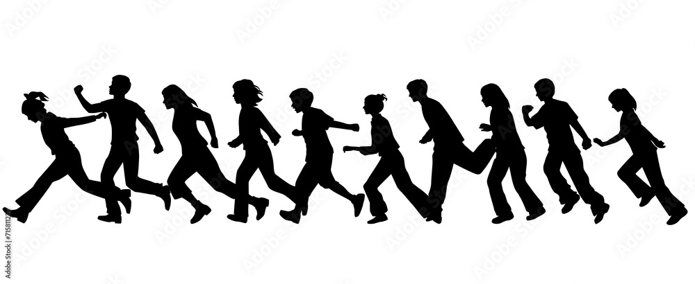 Wall mural vector silhouettes of men, women, teenagers, a group of runnning business people, profile, black col