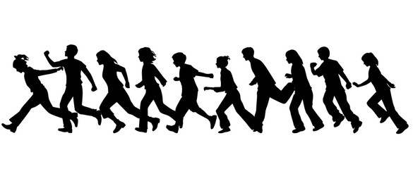 Vector silhouettes of  men, women, teenagers, a group of runnning   business people, profile, black color isolated on white background