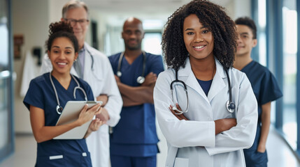 diverse group of smiling healthcare professionals, including doctors and nurses - obrazy, fototapety, plakaty