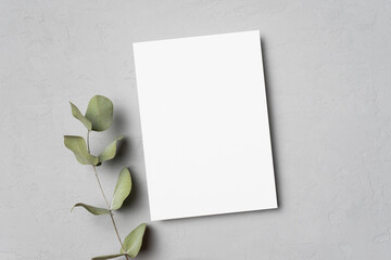 Blank paper invitation or greeting card mockup with eucalyptus twig decor on grey background
