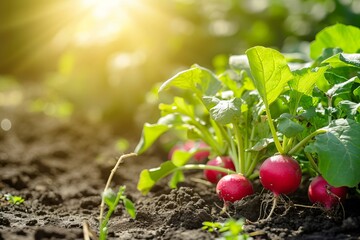 Growing radish harvest and producing vegetables cultivation. Concept of small eco green business organic farming gardening and healthy food.