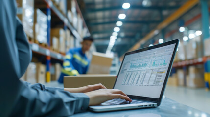 person from behind, working on a laptop with charts and data on the screen