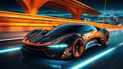 The vision of a futuristic vehicle navigating the neon-soaked roads of a cyber city during the nighttime.