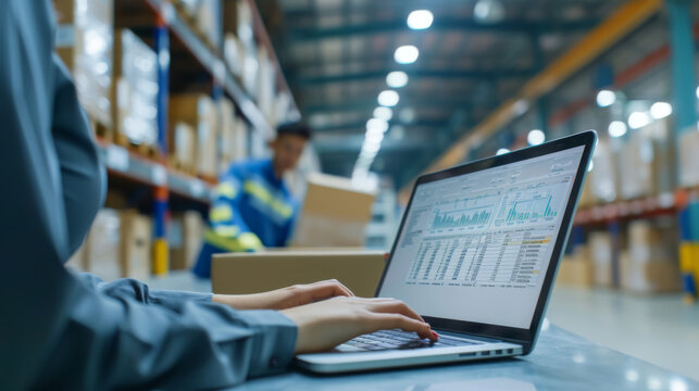 person from behind, working on a laptop with charts and data on the screen