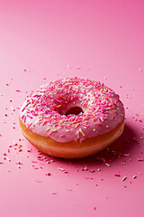 Ad for a donut, hero shot on pink