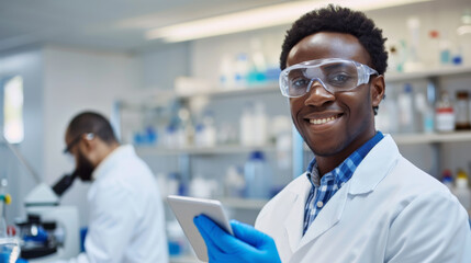 cheerful scientist wearing safety glasses and blue gloves, holding a digital tablet