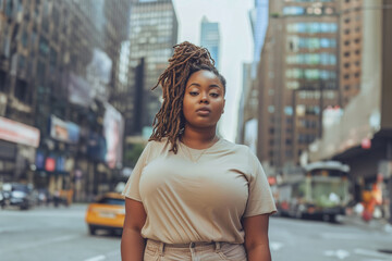Curvy African American female model with dreadlocks - beige t-shirt mockup - blurred urban city background - obrazy, fototapety, plakaty