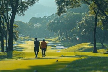 2 Asian Chinese Golfers walking in fairway in golf course