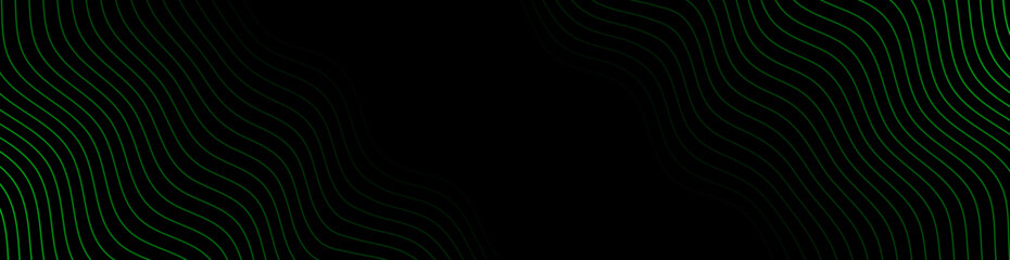 Abstract background with waves for banner. Web banner size. Vector background with lines. Element for design isolated on black. Black and green. Night, dark, nature