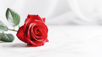 Red rose with beautiful leaf stems On a simple, elegant whith space for your text, white background.