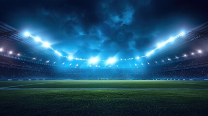 Soccer Stadium With Green Field and Bright Lights
