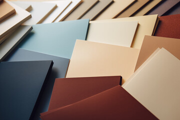 Diagonal composition of paper sheets with geometric patterns in various earth tones. Stack of paper cards background