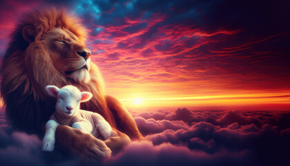 Most vibrant sky sunset with fiery tones. a lion and a lamb living in harmony. Large imposing powerful lion king representing the lion of Judah. The white lamb living in harmony with a large lion.  - obrazy, fototapety, plakaty