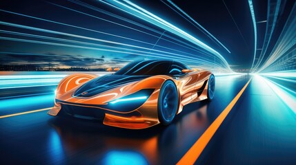 A sleek, advanced car gliding through the luminous streets of a cyber city, aglow with neon lights after dark.