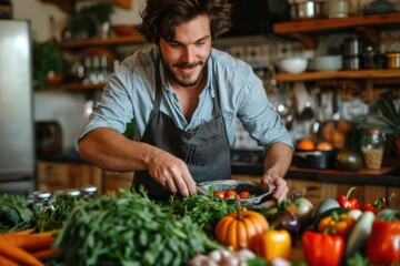 Man with vegetables at dining table preparing meal at home