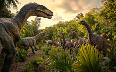 Jurassic world .herd of various dinosaur. Generative AI