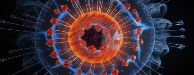 A microscopic tableau revealing a dynamic virus with intricate details, evoking a sense of urgency and imminent threat.