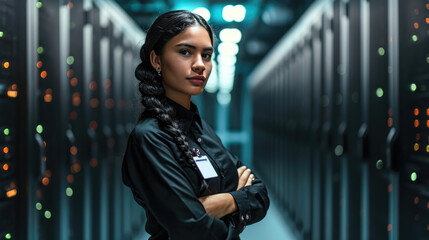 Confident young woman standing in a data center with racks of network servers and glowing lights in the background