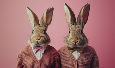 Obraz premium anthropomorphic rabbits dressed in human clothes, bordeeaux pastel color , happy easter concept 