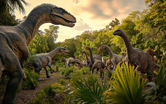 Fototapeta Jurassic world .herd of various dinosaur. Generative AI