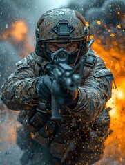 Fototapeta premium Soldier With Gun in Front of Fire
