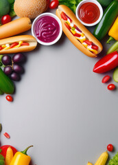 Advertising poster with fast food, hot dog, sauces, French fries, vegetables