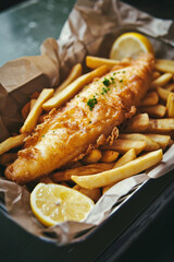 Delicious battered fried fish and chips meal 