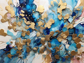 Blue color alcohol ink painting, color-gel, splashing art, abstract, pastel tones with golden cracks