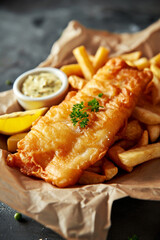 Delicious fried fish and chips meal  - obrazy, fototapety, plakaty