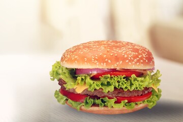 Homemade tasty fresh burger dish with steak and melted cheese