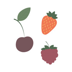 Set of berries. Cherry, blackberry, strawberry. Isolated vector illustration on a white background.