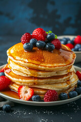 Delicious fluffy pancakes topped with fruit maple syrup  hero shot