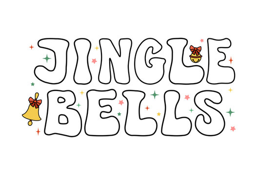Jingle Bells cartoon retro lettering phrase on decorated background. Vintage vector winter illustration with text decor for greeting card or poster. Positive holiday season quote for banner or label
