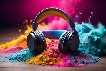 Headphone and vivid color powder. Creative music and festival concept