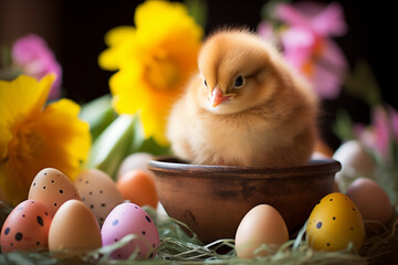 Fluffy chick sits with pastel Easter eggs and vibrant spring flowers. Easter greeting card