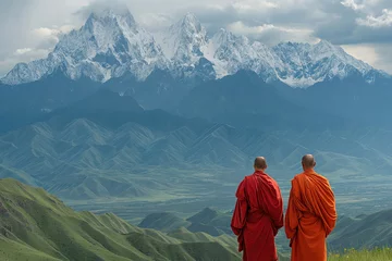 Zelfklevend behang Himalaya two Buddhist monks against the backdrop of mountains