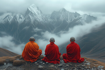 three Buddhist monks meditate while sitting in the mountains - obrazy, fototapety, plakaty