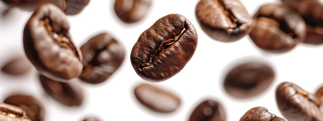 Close-up of scattered roasted coffee beans on a white background, with a central bean in sharp focus.