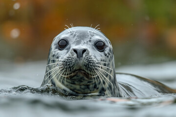 portrait of a seal looking out of the water - obrazy, fototapety, plakaty