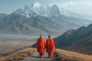 two Buddhist monks against the backdrop of mountains - obrazy, fototapety, plakaty