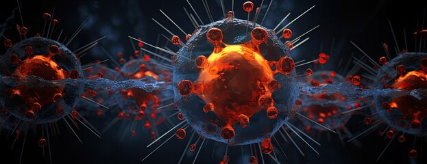 A detailed microscopic portrayal capturing the dynamic nature of a virus, accentuating the urgency and potential threat it poses. - obrazy, fototapety, plakaty