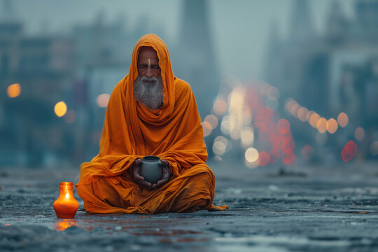 ascet sadhu sits in lotus position on the street at dusk with a begging mug