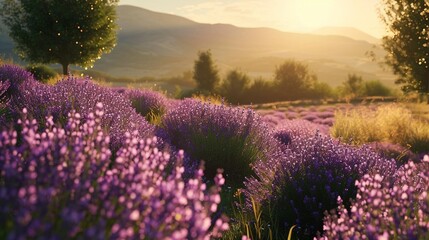 Obraz premium Beautiful bright lavender fields at sunset. Created with Generative Ai technology.