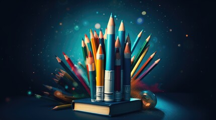 Back to school concept, book and pencil stack on table with color background, photo with copy space for texts - obrazy, fototapety, plakaty
